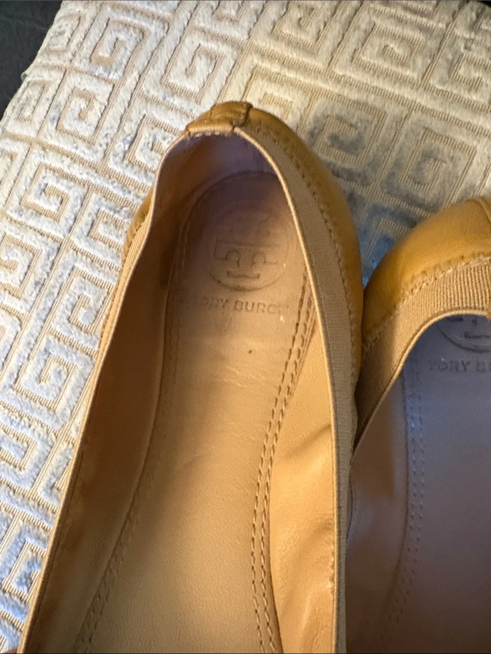 Tory Burch Camel Leather Logo Bow Flats